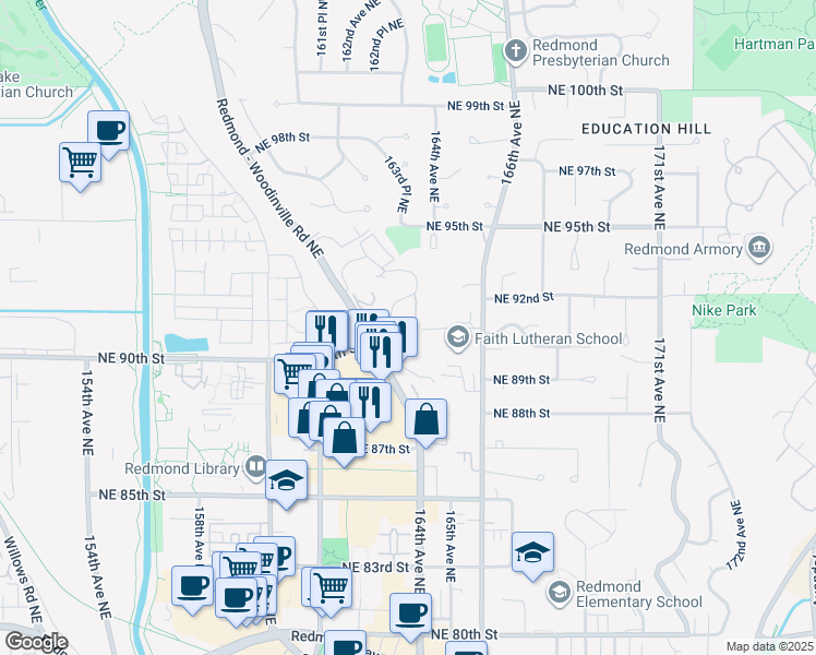 map of restaurants, bars, coffee shops, grocery stores, and more near 16418 Northeast 91st Street in Redmond