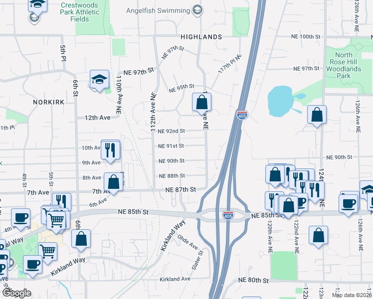 map of restaurants, bars, coffee shops, grocery stores, and more near 11540 Northeast 91st Street in Kirkland