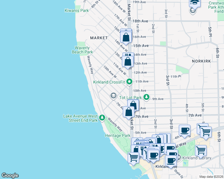 map of restaurants, bars, coffee shops, grocery stores, and more near 806 4th Street West in Kirkland