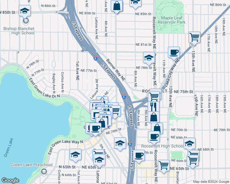 map of restaurants, bars, coffee shops, grocery stores, and more near 401 Northeast 76th Street in Seattle