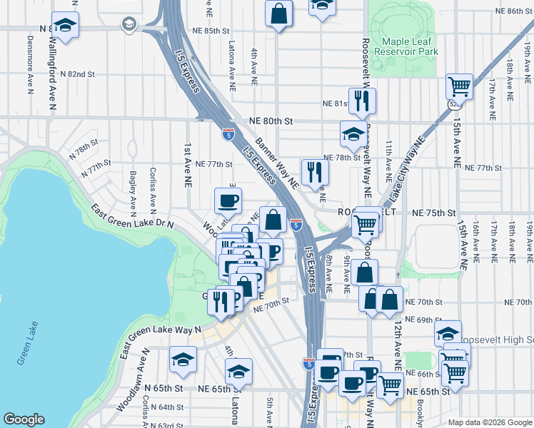 map of restaurants, bars, coffee shops, grocery stores, and more near 401 Northeast 76th Street in Seattle