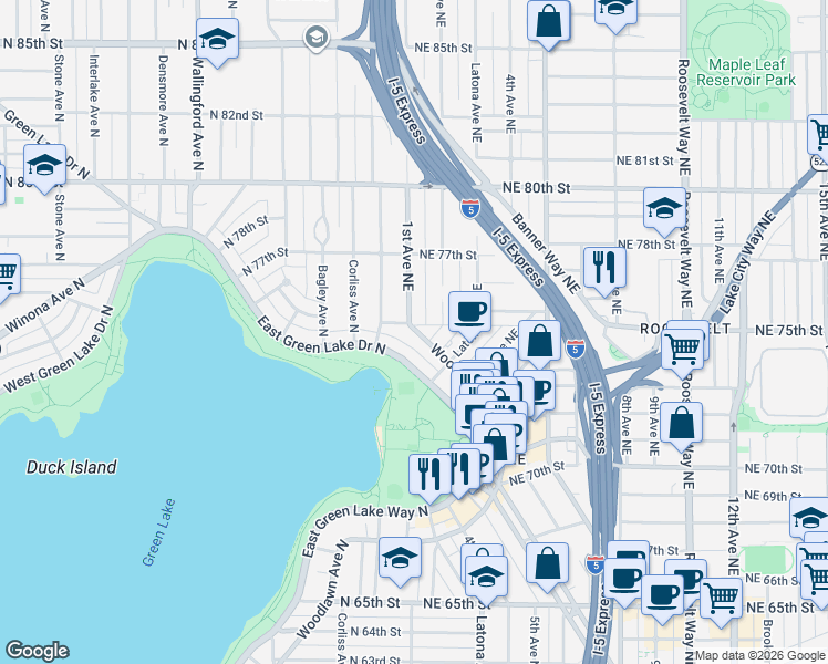 map of restaurants, bars, coffee shops, grocery stores, and more near 7510 1st Avenue Northeast in Seattle