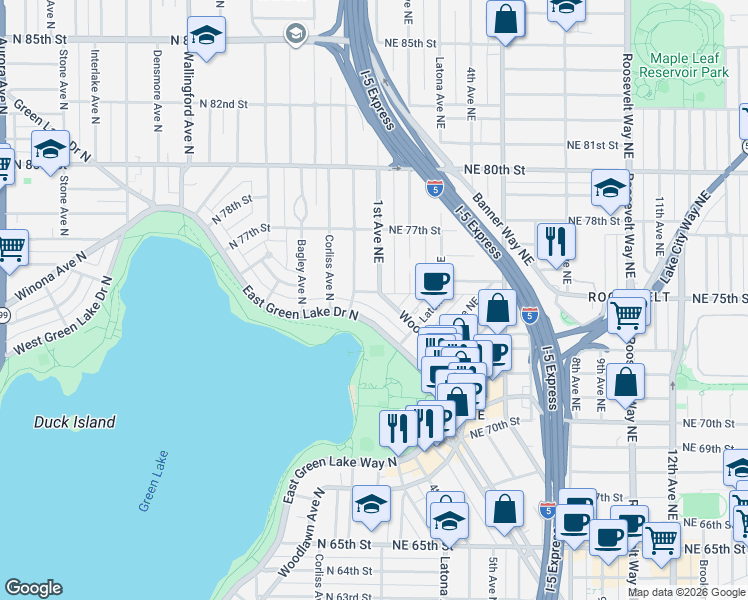 map of restaurants, bars, coffee shops, grocery stores, and more near 7510 1st Avenue Northeast in Seattle