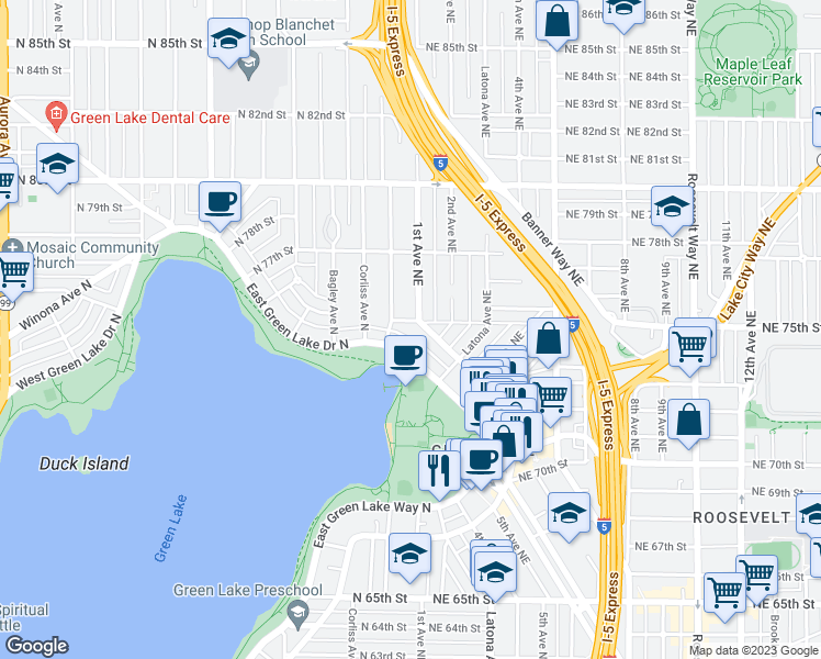 map of restaurants, bars, coffee shops, grocery stores, and more near 7510 1st Avenue Northeast in Seattle