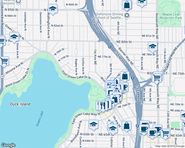map of restaurants, bars, coffee shops, grocery stores, and more near 7509 Sunnyside Avenue North in Seattle
