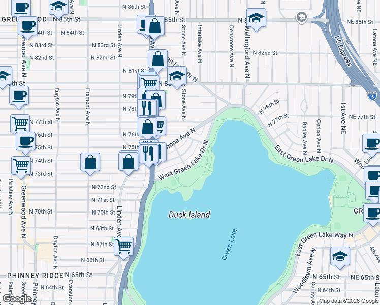 map of restaurants, bars, coffee shops, grocery stores, and more near 7425 Keen Way North in Seattle
