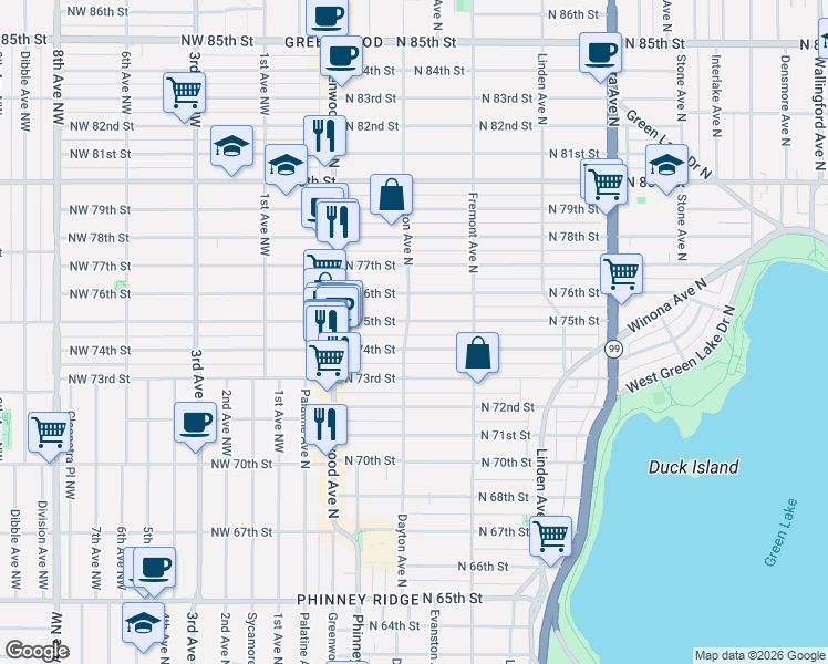map of restaurants, bars, coffee shops, grocery stores, and more near 506 North 75th Street in Seattle