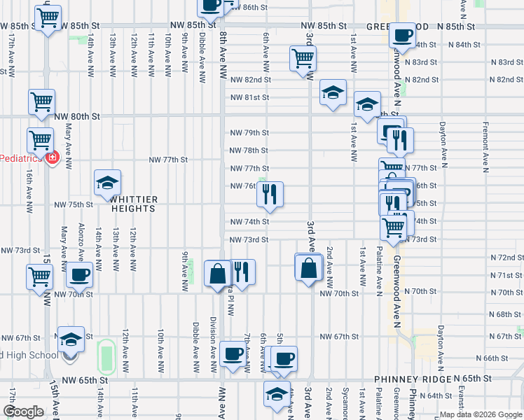 map of restaurants, bars, coffee shops, grocery stores, and more near 614 Northwest 75th Street in Seattle