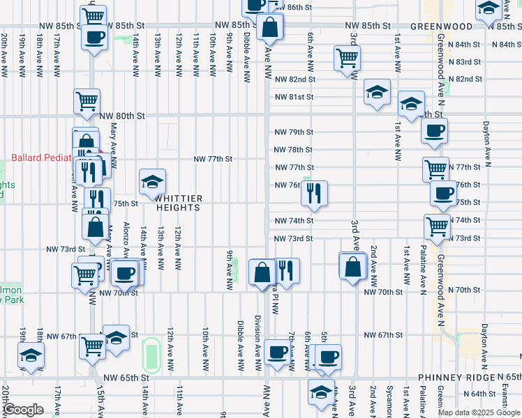 map of restaurants, bars, coffee shops, grocery stores, and more near 818 Northwest 75th Street in Seattle