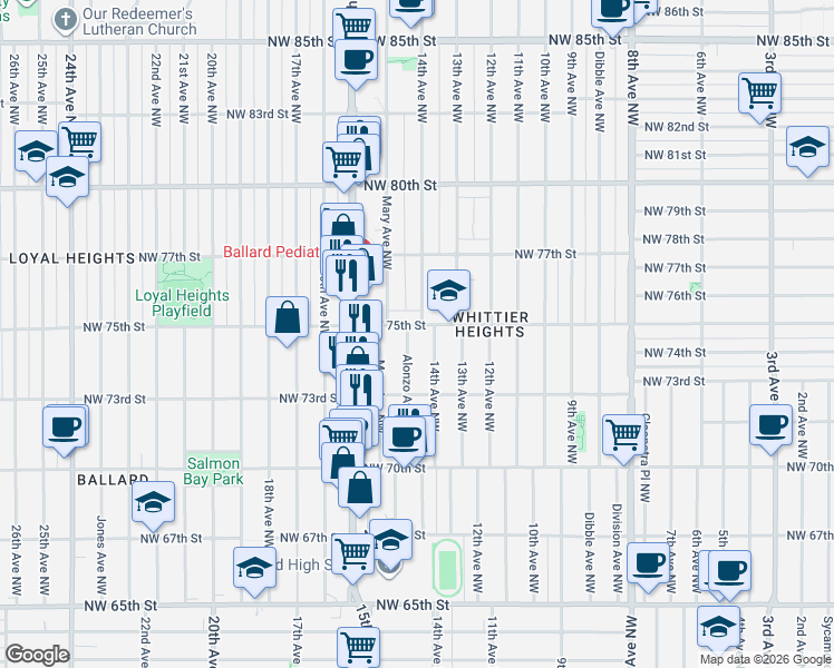 map of restaurants, bars, coffee shops, grocery stores, and more near 1406 Northwest 75th Street in Seattle