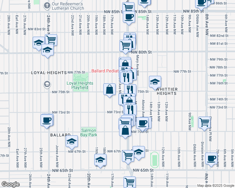 map of restaurants, bars, coffee shops, grocery stores, and more near in Seattle