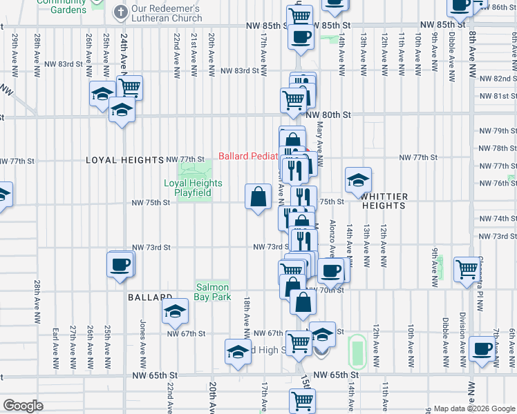 map of restaurants, bars, coffee shops, grocery stores, and more near 7509 17th Avenue Northwest in Seattle