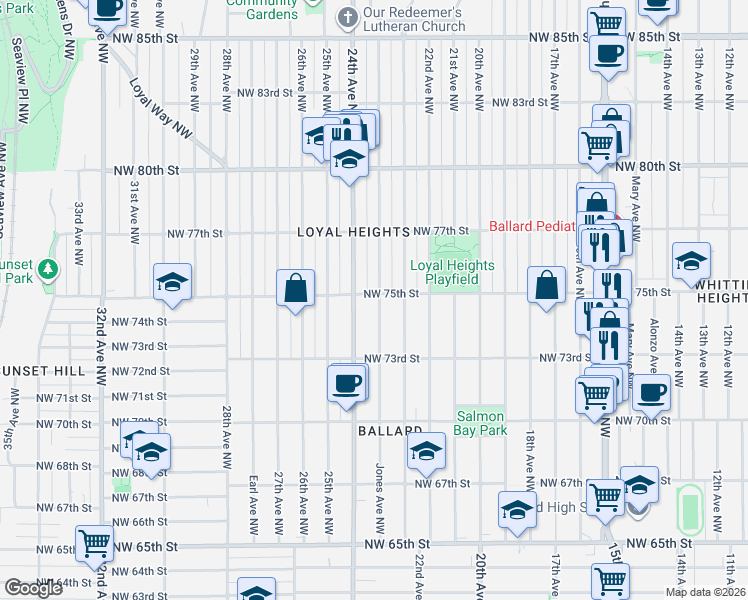 map of restaurants, bars, coffee shops, grocery stores, and more near 7511 Jones Avenue Northwest in Seattle