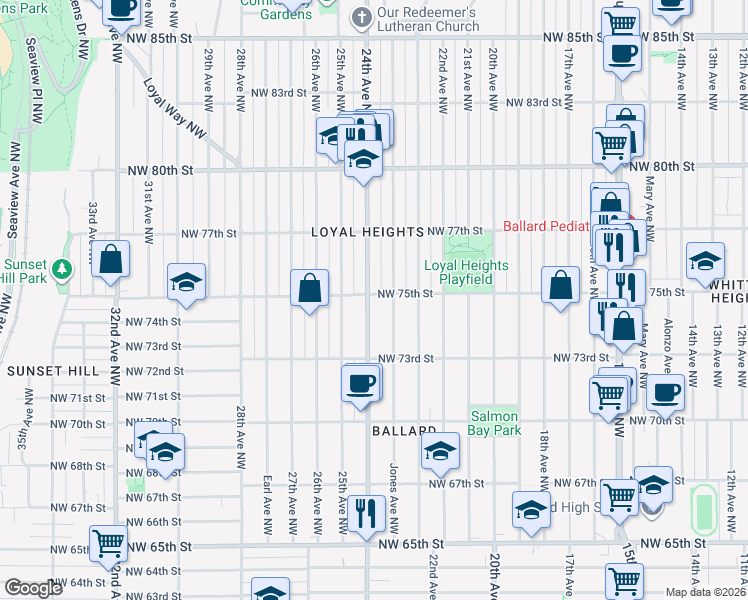 map of restaurants, bars, coffee shops, grocery stores, and more near 7505 24th Avenue Northwest in Seattle