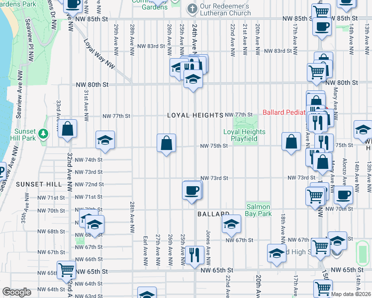 map of restaurants, bars, coffee shops, grocery stores, and more near 7505 24th Avenue Northwest in Seattle