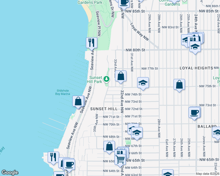 map of restaurants, bars, coffee shops, grocery stores, and more near 7506 34th Avenue Northwest in Seattle