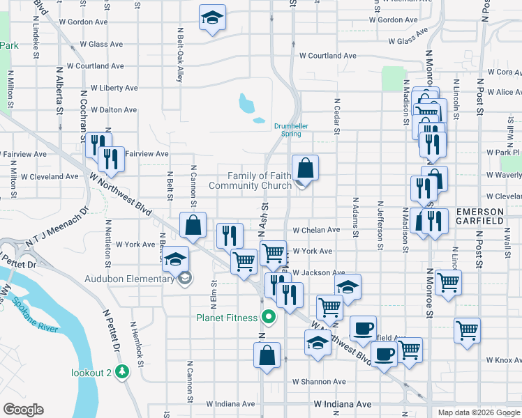 map of restaurants, bars, coffee shops, grocery stores, and more near 1627 West Grace Avenue in Spokane