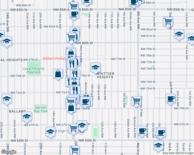 map of restaurants, bars, coffee shops, grocery stores, and more near 7355 13th Avenue Northwest in Seattle