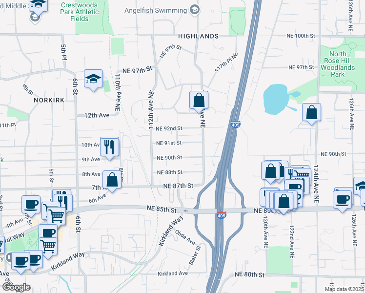 map of restaurants, bars, coffee shops, grocery stores, and more near 11409 Northeast 91st Street in Kirkland