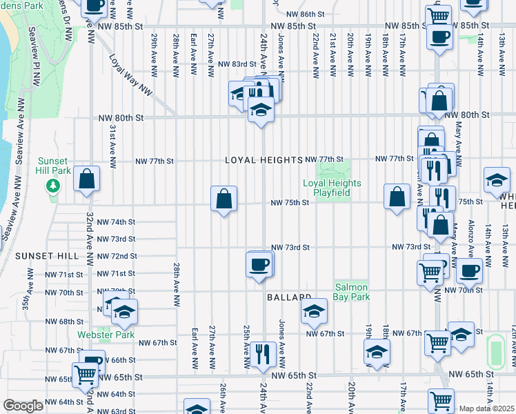 map of restaurants, bars, coffee shops, grocery stores, and more near 7359 24th Avenue Northwest in Seattle