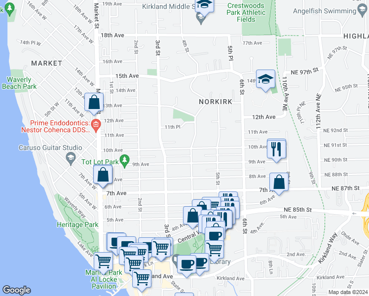 map of restaurants, bars, coffee shops, grocery stores, and more near 342 10th Avenue in Kirkland