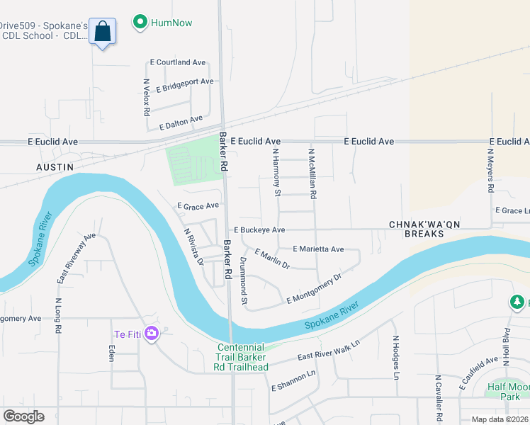 map of restaurants, bars, coffee shops, grocery stores, and more near 2915 North Harmony Street in Spokane Valley