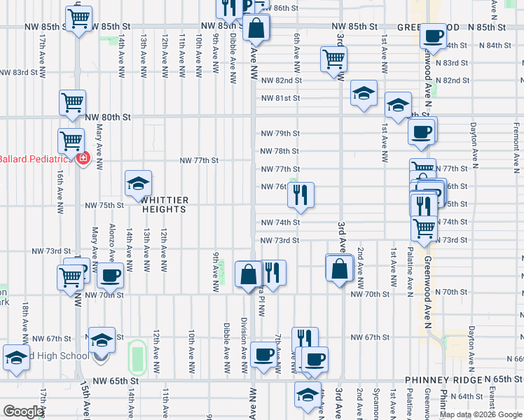 map of restaurants, bars, coffee shops, grocery stores, and more near 648 Northwest 75th Street in Seattle