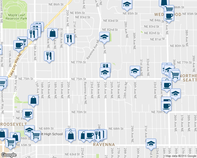 map of restaurants, bars, coffee shops, grocery stores, and more near NE 75th St & 24th Ave NE in Seattle