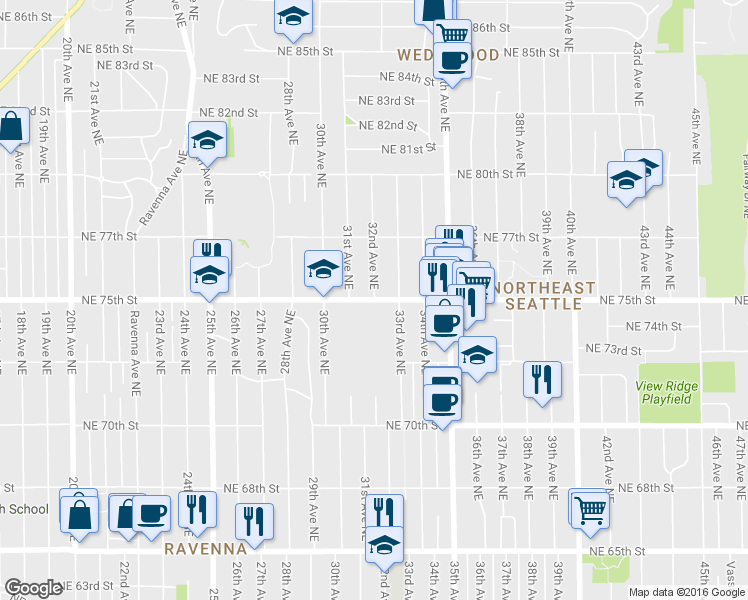 map of restaurants, bars, coffee shops, grocery stores, and more near NE 75th St & 32nd Ave NE in Seattle