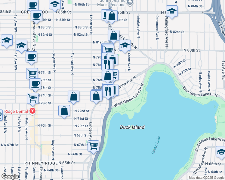 map of restaurants, bars, coffee shops, grocery stores, and more near 7504 Aurora Avenue North in Seattle