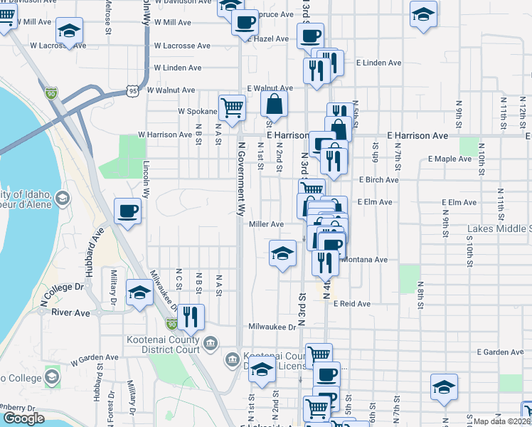 map of restaurants, bars, coffee shops, grocery stores, and more near 1021 North 2nd Street in Coeur d'Alene
