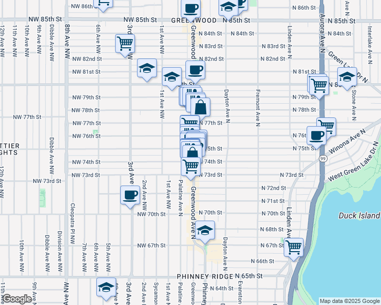 map of restaurants, bars, coffee shops, grocery stores, and more near 7419 Greenwood Avenue North in Seattle