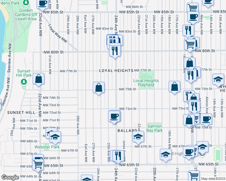 map of restaurants, bars, coffee shops, grocery stores, and more near 2409 Northwest 75th Street in Seattle