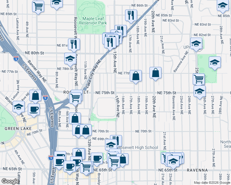 map of restaurants, bars, coffee shops, grocery stores, and more near 15th Ave NE & NE 75th St in Seattle