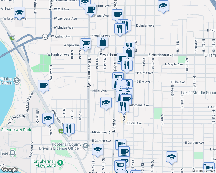 map of restaurants, bars, coffee shops, grocery stores, and more near 1021 North 2nd Street in Coeur d'Alene