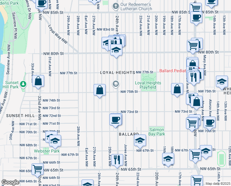 map of restaurants, bars, coffee shops, grocery stores, and more near 2405 Northwest 75th Street in Seattle