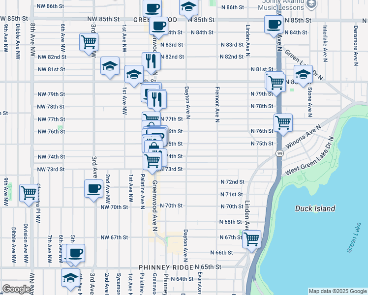map of restaurants, bars, coffee shops, grocery stores, and more near 359 North 75th Street in Seattle