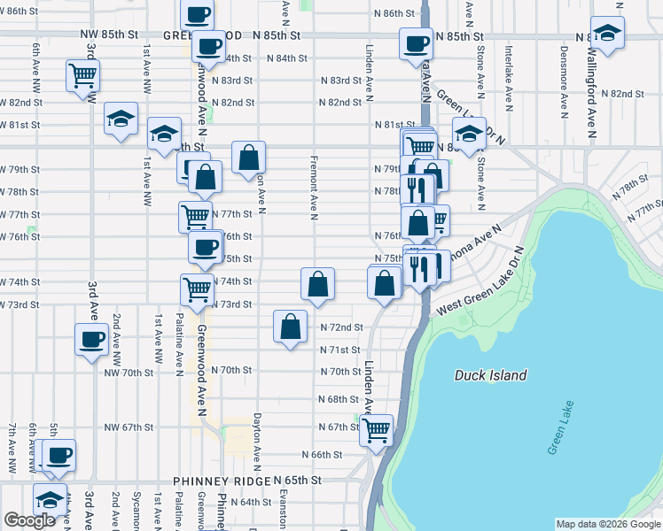 map of restaurants, bars, coffee shops, grocery stores, and more near 714 North 75th Street in Seattle