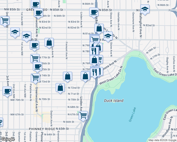 map of restaurants, bars, coffee shops, grocery stores, and more near 906 North 75th Street in Seattle