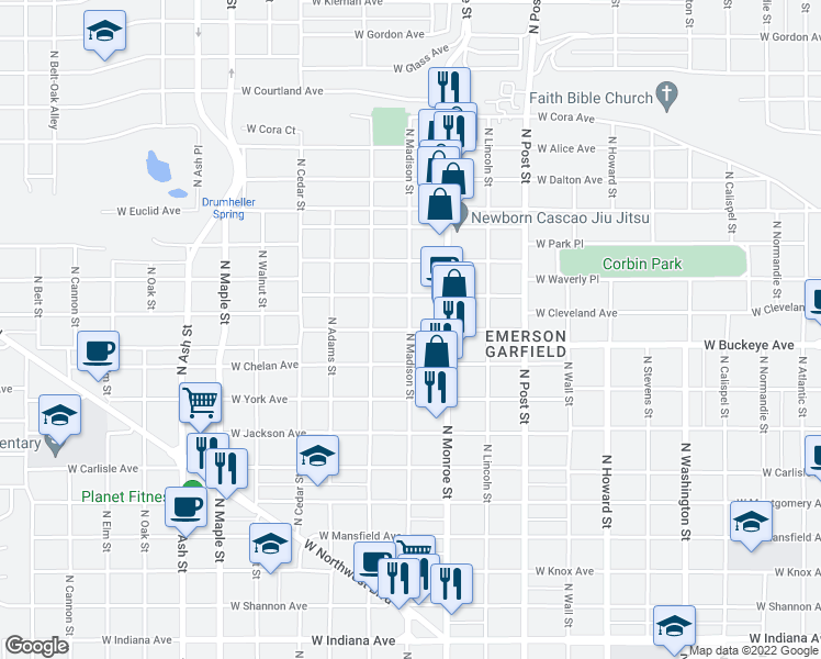 map of restaurants, bars, coffee shops, grocery stores, and more near N Madison St & W Grace Ave in Spokane