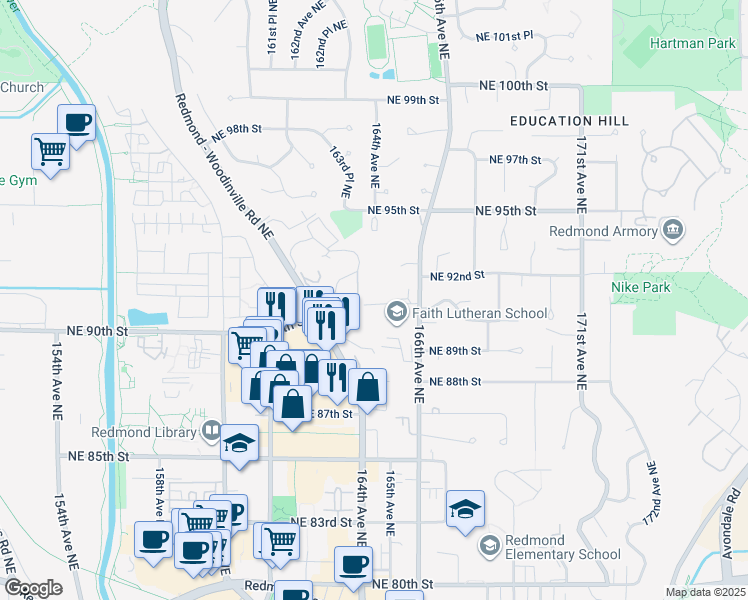 map of restaurants, bars, coffee shops, grocery stores, and more near 16426 Northeast 91st Street in Redmond