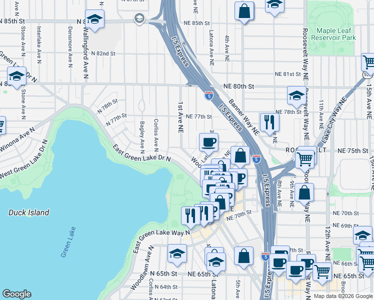 map of restaurants, bars, coffee shops, grocery stores, and more near 7510 1st Avenue Northeast in Seattle