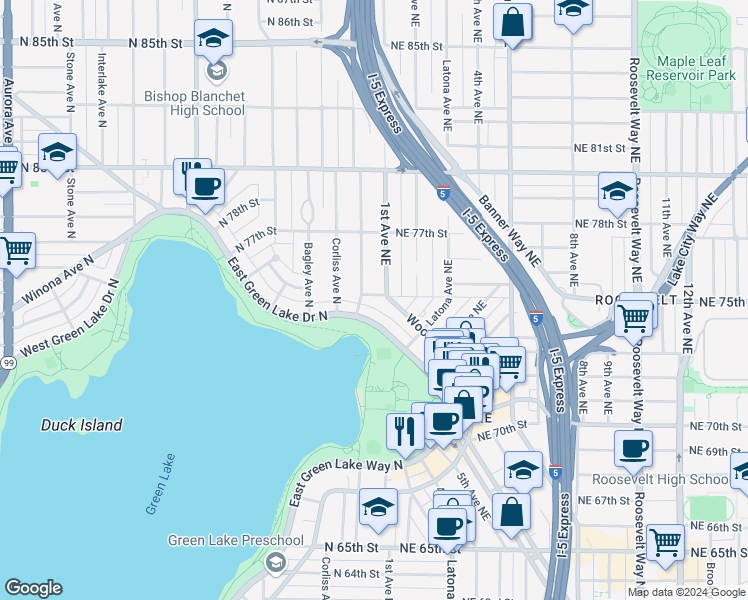 map of restaurants, bars, coffee shops, grocery stores, and more near 7509 Sunnyside Avenue North in Seattle