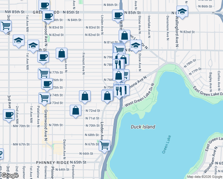 map of restaurants, bars, coffee shops, grocery stores, and more near 906 North 75th Street in Seattle