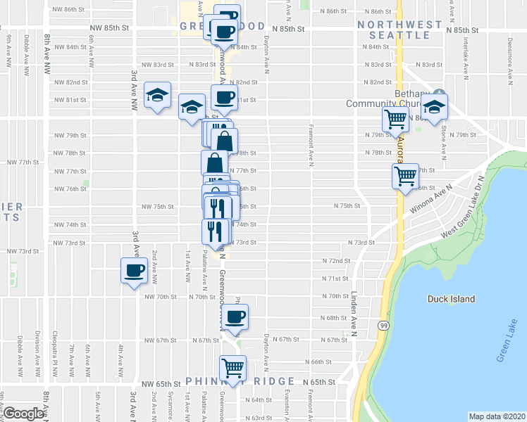 map of restaurants, bars, coffee shops, grocery stores, and more near 342 North 75th Street in Seattle
