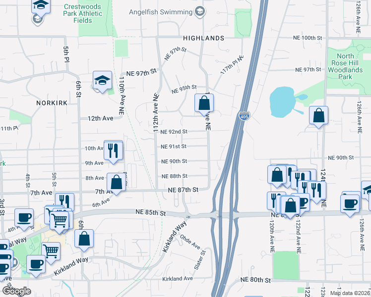 map of restaurants, bars, coffee shops, grocery stores, and more near 11409 Northeast 91st Street in Kirkland