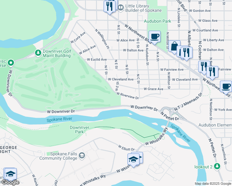 map of restaurants, bars, coffee shops, grocery stores, and more near 1711 North E Street in Spokane