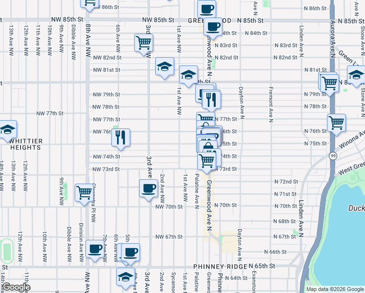 map of restaurants, bars, coffee shops, grocery stores, and more near 103 North 75th Street in Seattle