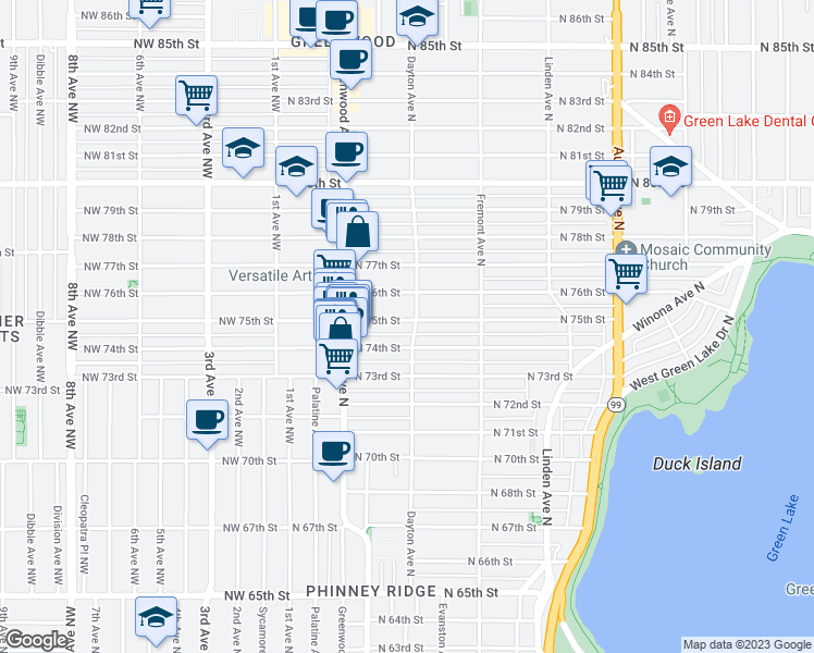 map of restaurants, bars, coffee shops, grocery stores, and more near 359 North 75th Street in Seattle