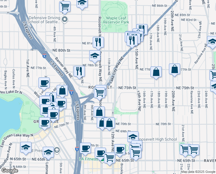 map of restaurants, bars, coffee shops, grocery stores, and more near in Seattle